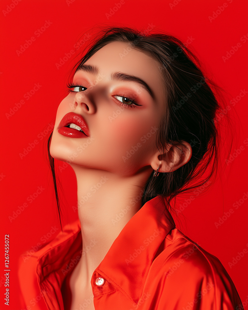 Fototapeta premium Portrait of a beautiful model on red background 