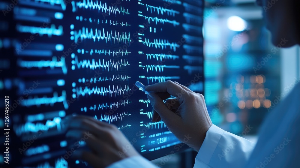 Scientist analyzing data on large screen, lab background, medical research Scientist analyzing data on large screen, lab background, medical research