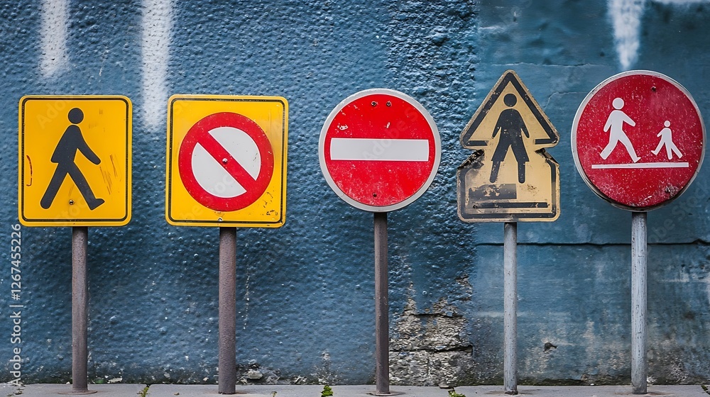 © Attar - Four different traffic signs stand against a light blue background.