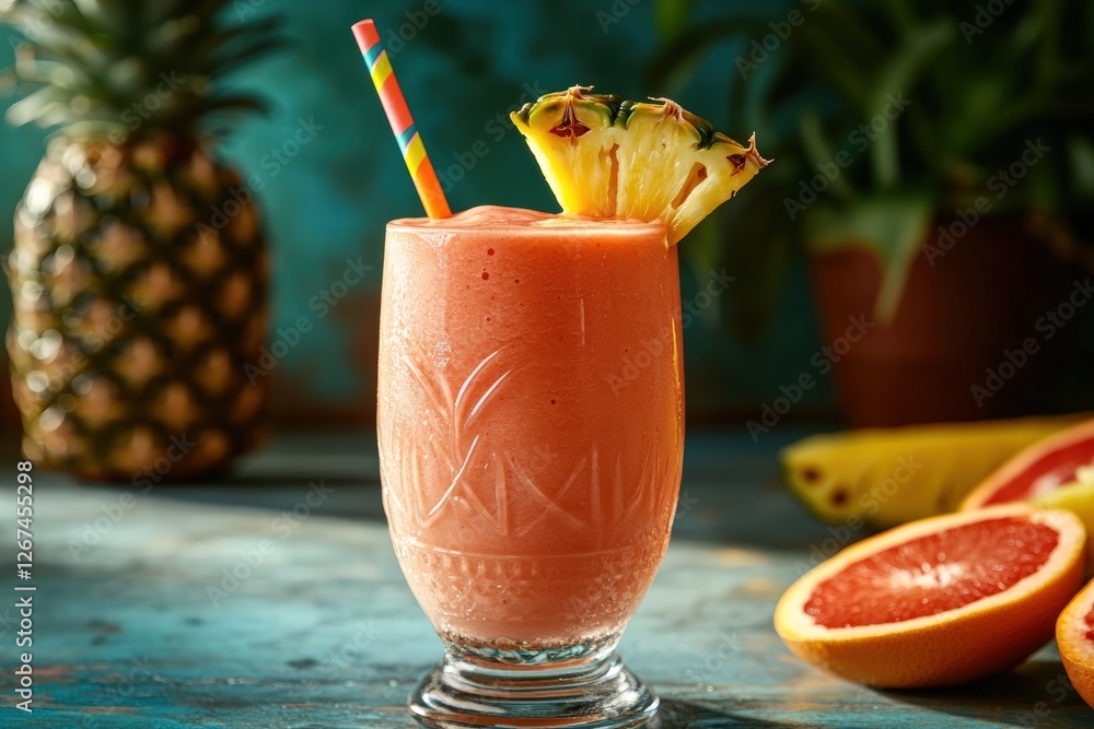 tropical blend of pineapple-grapefruit smoothie served in a colorful glass with an orange straw and garnished with fresh fruit wedges