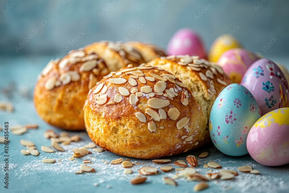 tsoureki Easter bread, sprinkled with sliced almonds and decorated with vibrant hand-painted eggs in traditional Greek Easter colors