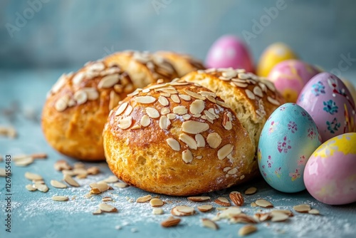 Obraz na płótnie tsoureki Easter bread, sprinkled with sliced almonds and decorated with vibrant hand-painted eggs in traditional Greek Easter colors w salonie