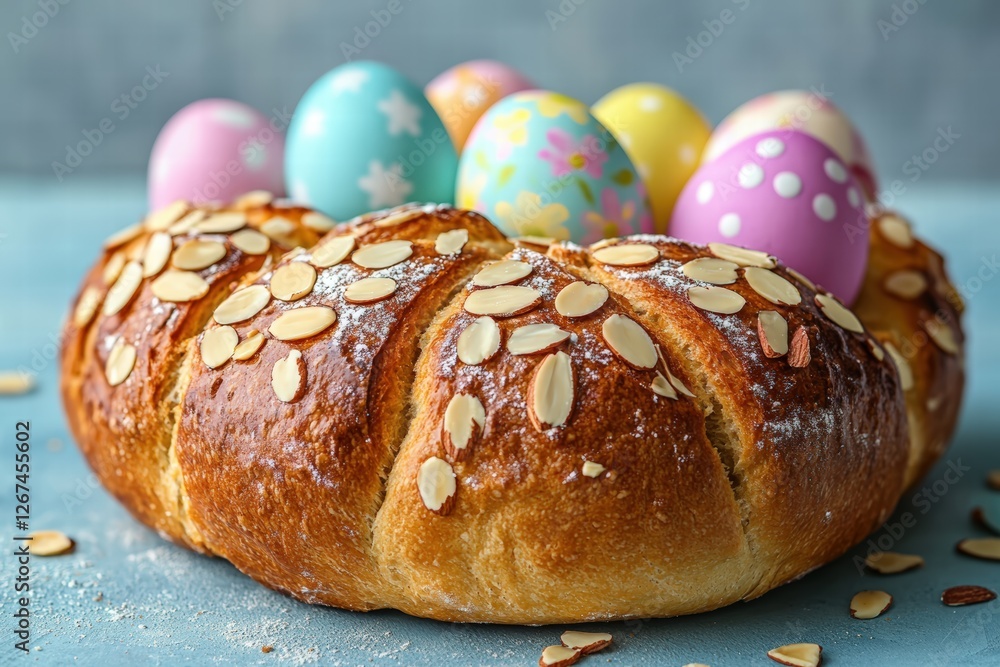 tsoureki Easter bread, sprinkled with sliced almonds and decorated with vibrant hand-painted eggs in traditional Greek Easter colors