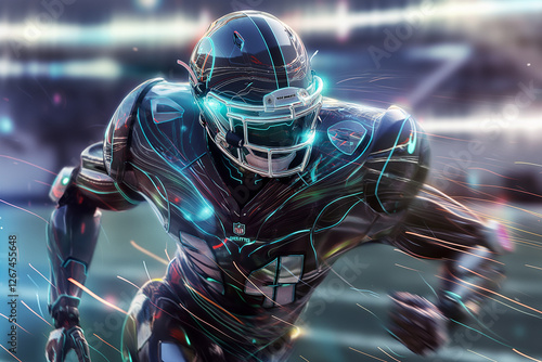 A futuristic robotic American football player in full gear, sprinting at high speed across a football field photo