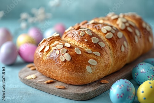 tsoureki Easter bread, sprinkled with sliced almonds and decorated with vibrant hand-painted eggs in traditional Greek Easter colors