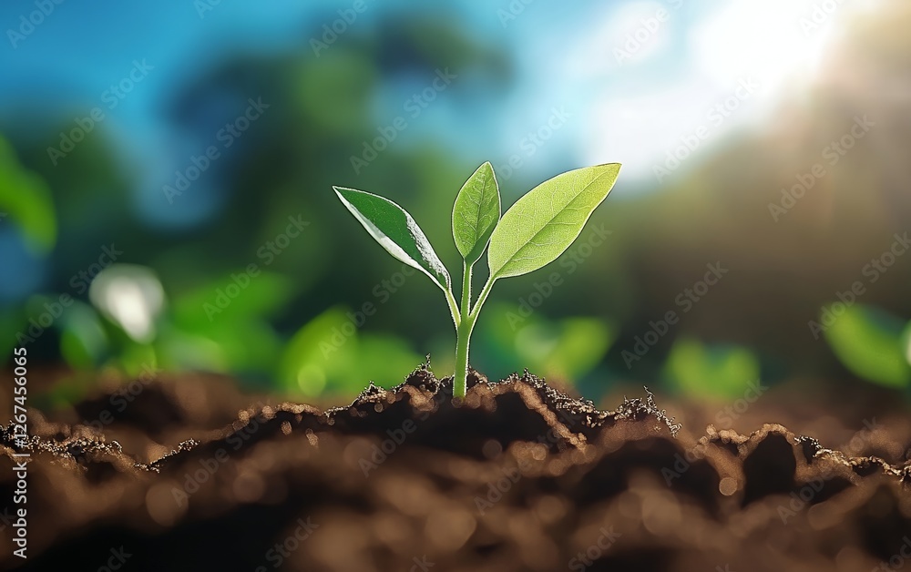 Vibrant green sprout emerging from fertile soil under warm sunlight signifying life energy growth and environmental conservation in a peaceful and natural setting Vibrant green sprout emerging from fertile soil under warm sunlight signifying life energy growth and environmental conservation in a peaceful and natural setting
