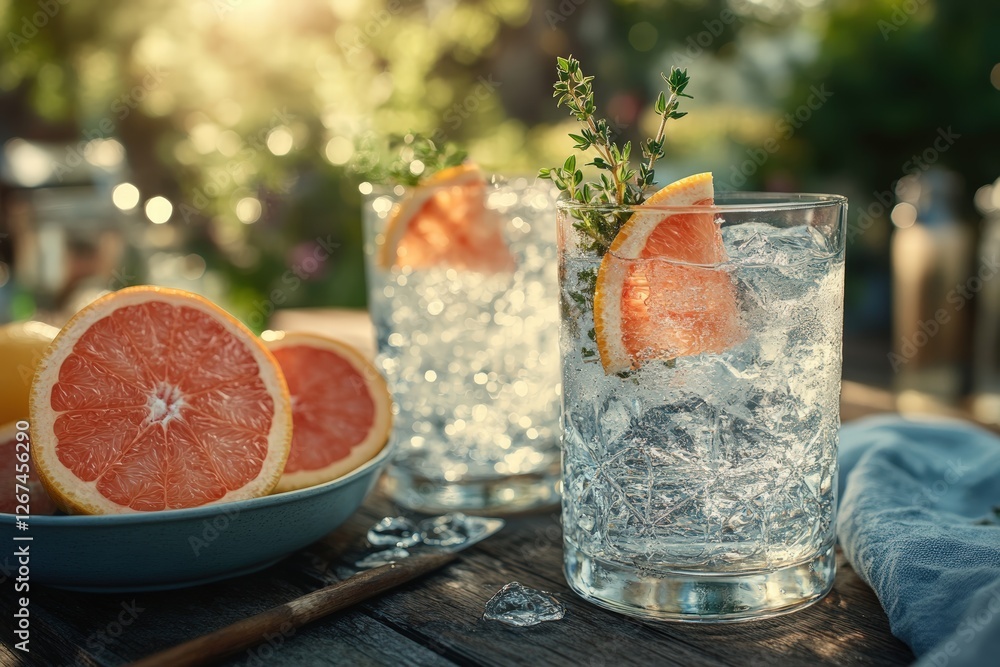 Two refreshing glasses of ice water, each garnished with a slice of grapefruit and a sprig of fresh thyme