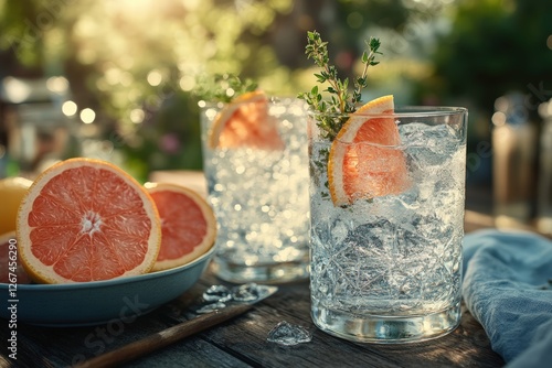 Obraz na płótnie Two refreshing glasses of ice water, each garnished with a slice of grapefruit and a sprig of fresh thyme w salonie