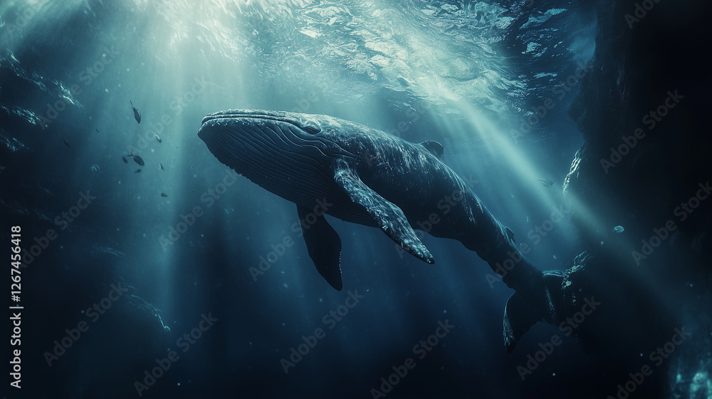 Fototapeta premium Giant whale underwater, in dark water - a majestic and mysterious image for ocean conservation, marine life, and adventure themes