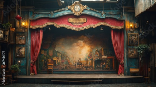 A Vintage Theater Stage Backdrop: A Rustic Scene of 19th Century Streetlife