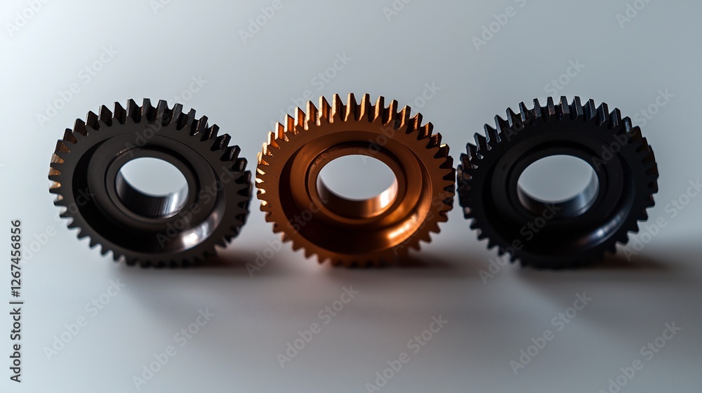 Three Metallic Gears in Row with Detailed Surfaces on Bright Background Three Metallic Gears in Row with Detailed Surfaces on Bright Background