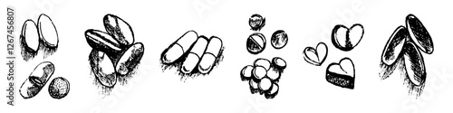 Hand draw pill icon set. Medicines vector illustration. Drug in sketch style.