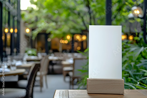 Vertical menu display at an upscale restaurant terrace, blending with refined outdoor seating.