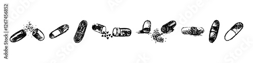 Hand draw pill icon set. Medicines vector illustration. Drug in sketch style.