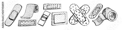 Medical plaster icon. Band aid icon pack. Hand draw. Tape in sketch style.