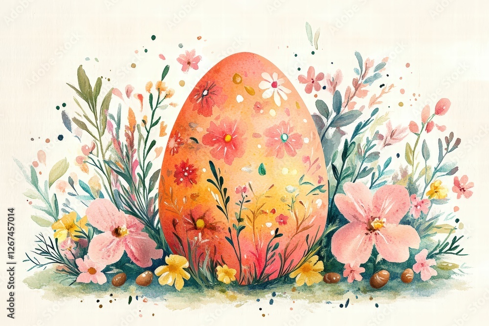 watercolor postcard showcasing an intricately decorated Easter egg surrounded by blooming spring flowers