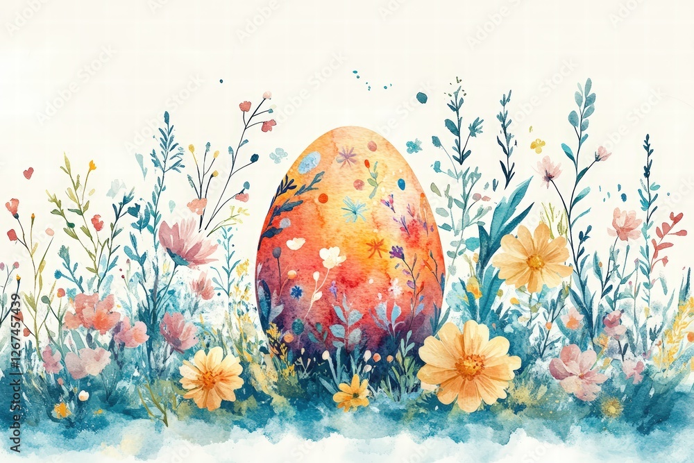 watercolor postcard showcasing an intricately decorated Easter egg surrounded by blooming spring flowers