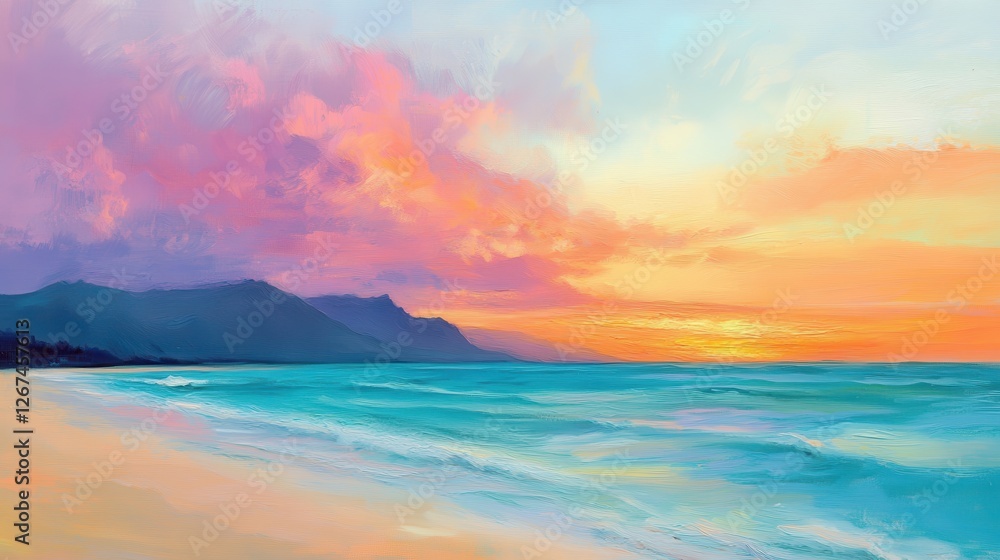 Fototapeta premium Stunning Pink Sunset Over Hawaii Beach Landscape