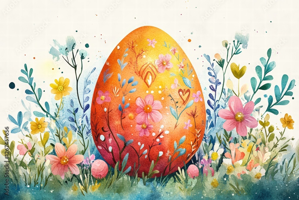watercolor postcard showcasing an intricately decorated Easter egg surrounded by blooming spring flowers