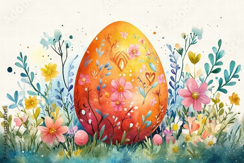 Obraz na płótnie watercolor postcard showcasing an intricately decorated Easter egg surrounded by blooming spring flowers w salonie