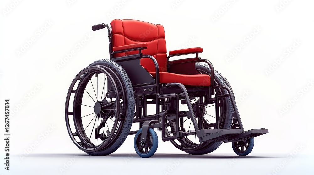 Fototapeta premium Modern wheelchair with red upholstery on a clean white background, showcasing ergonomic design