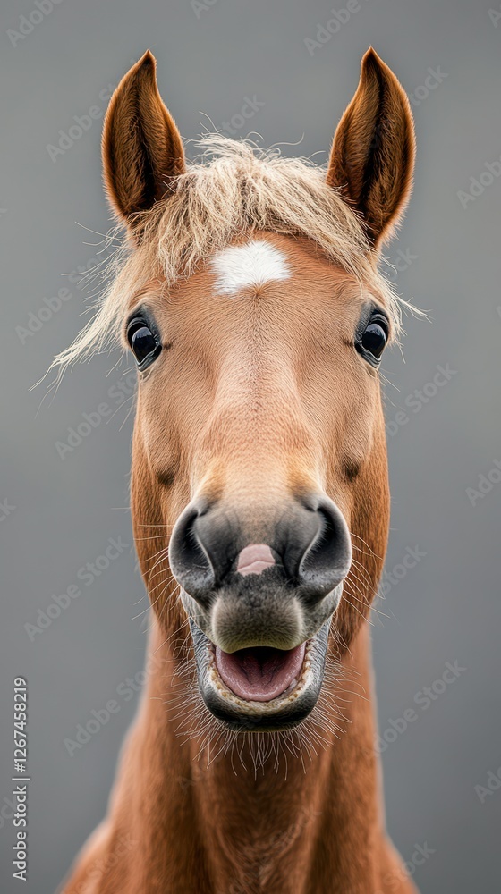 Fototapeta premium Happy horse portrait with soft mane in front of a gray backdrop during daylight hours