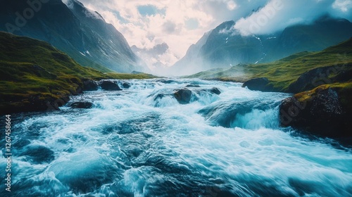 Majestic mountain river flowing through valley. Possible stock photo use