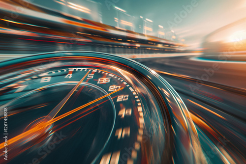 A high-speed speedometer scoring maximum velocity, with its needle pinned near the top, against a blurred racetrack background