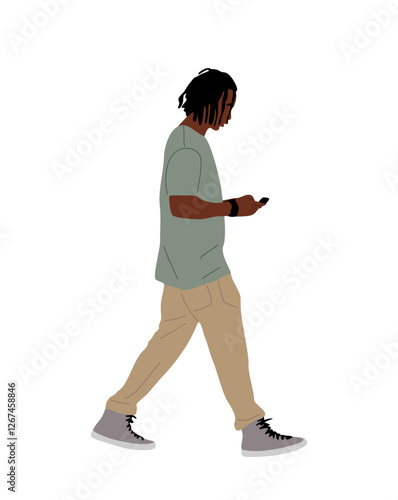 Black guy walking side view, using mobile phone. Young african american man holding smartphone, texting, chatting. Male cartoon character Vector realistic illustration isolated