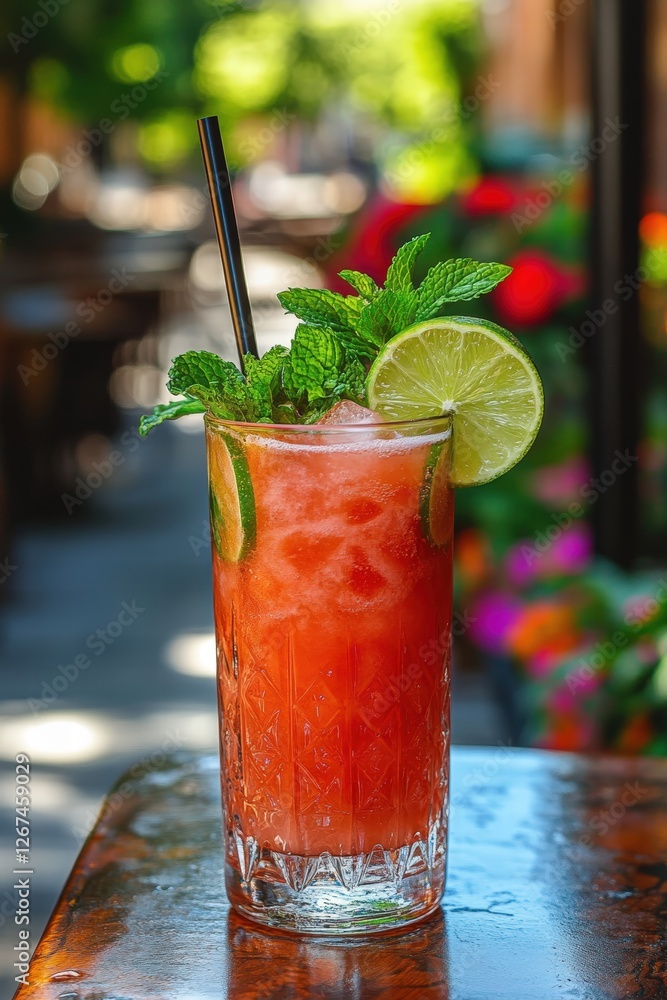 watermelon Agua fresca cocktail, garnished with fresh mint and lime slices