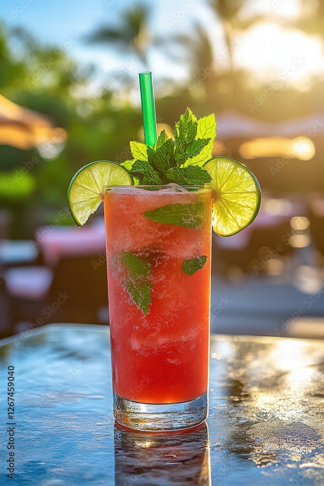 watermelon Agua fresca cocktail, garnished with fresh mint and lime slices