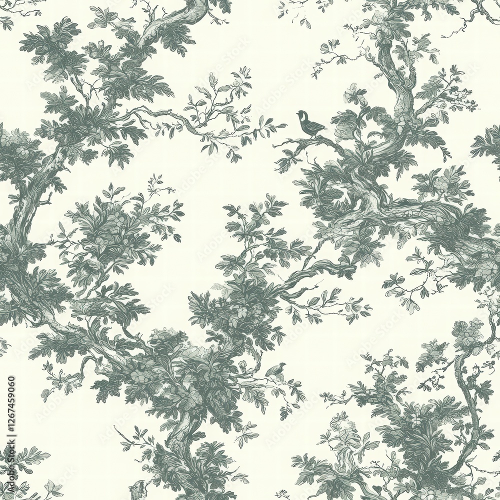 Minimalist Toile de Jouy Seamless Pattern Featuring Elegant Green Floral Design on Light Background Minimalist Toile de Jouy Seamless Pattern Featuring Elegant Green Floral Design on Light Background