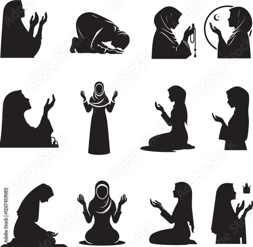 silhouettes of muslim women praying different positions