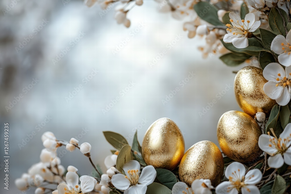 wreath showcasing shiny golden Easter eggs, surrounded by delicate leaves and blossoms