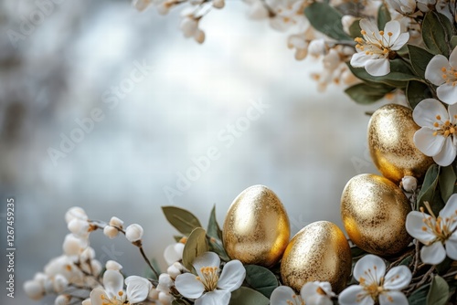 Obraz na płótnie wreath showcasing shiny golden Easter eggs, surrounded by delicate leaves and blossoms w salonie