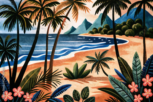 tropical beach with palm trees at sunset time landscape abstract cartoon illustration