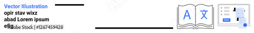 Open book with A and translation symbol, adjacent to an online translation platform layout. Ideal for education, language learning, translation, globalization, technology tools, cultural exchange