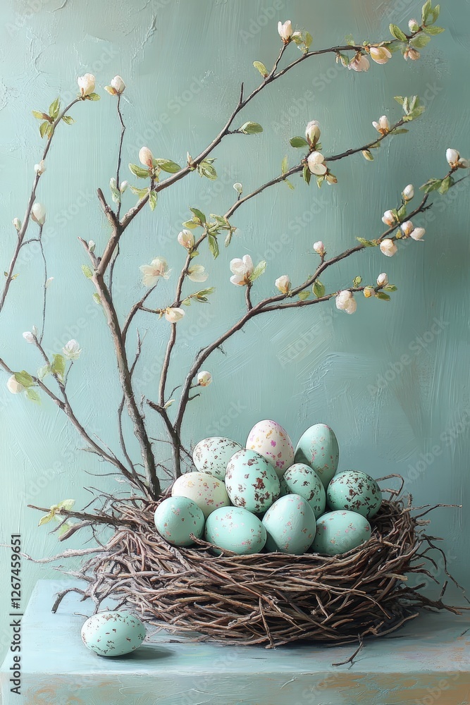 branches adorned with fresh green buds, gracefully arching over a charming nest overflowing with intricately painted Easter eggs