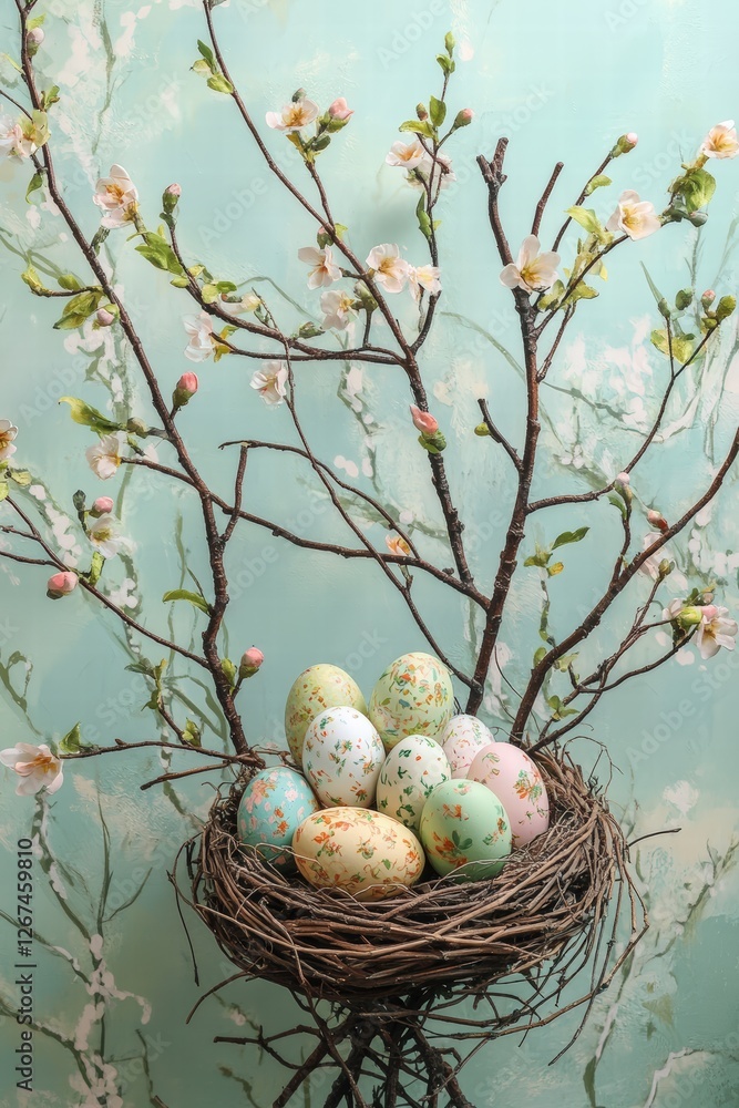 branches adorned with fresh green buds, gracefully arching over a charming nest overflowing with intricately painted Easter eggs
