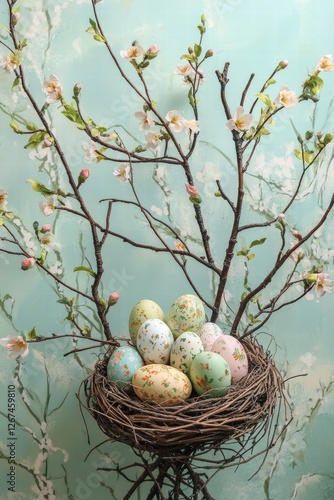 Obraz na płótnie branches adorned with fresh green buds, gracefully arching over a charming nest overflowing with intricately painted Easter eggs w salonie