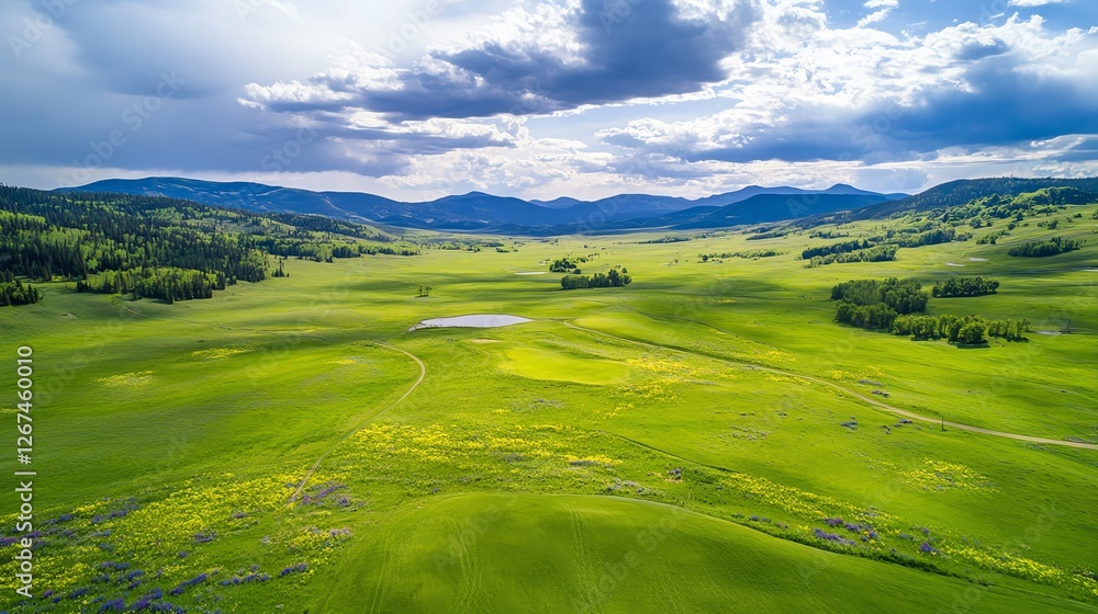 Obraz premium Aerial view of a vast spring valley covered in green grass, dotted with colorful wildflowers, breathtaking landscape, highresolution photography