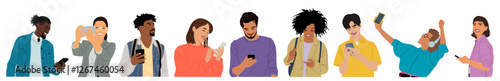 Set of different people using gadgets. Business men, women holding smartphones, texting, talking, watching news, doing selfie. Group of male, female cartoon characters Vector realistic illustrations.
