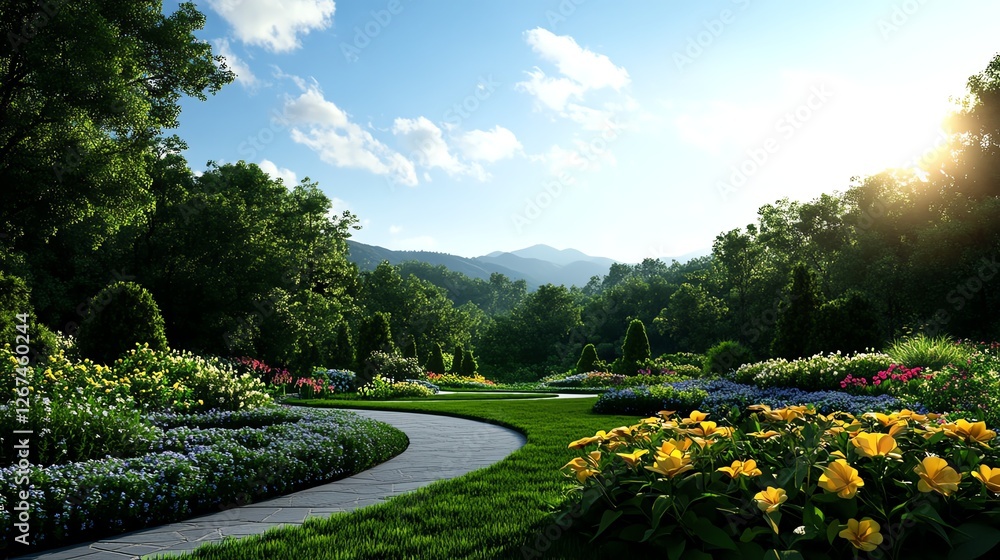 Fototapeta premium Sunlit garden, blooming flowers and greenery, 3D illustration