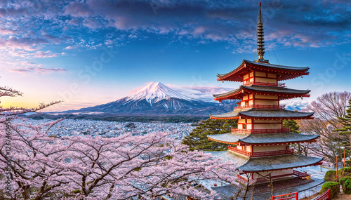 富士山と桜と五重塔