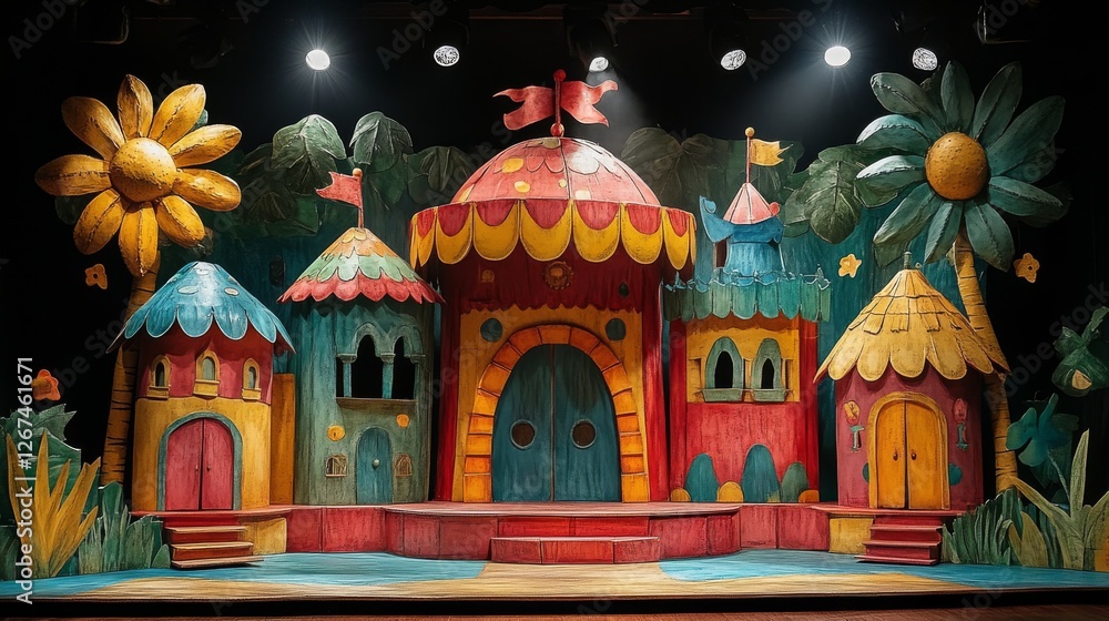 Fototapeta premium Whimsical Stage Set Design: A Colorful Fairytale Village