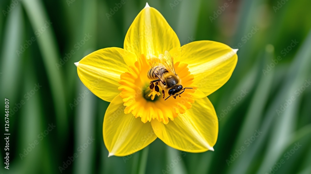 Closeup shot of a honeybee collecting nectar from a bright yellow daffodil, sharp details, highdefinition macro photography, nature in motion Closeup shot of a honeybee collecting nectar from a bright yellow daffodil, sharp details, highdefinition macro photography, nature in motion