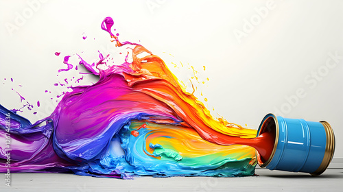 Fototapeta Naklejka Na Ścianę i Meble -  Large paint can spilling colorful liquid in swirling motion on white background