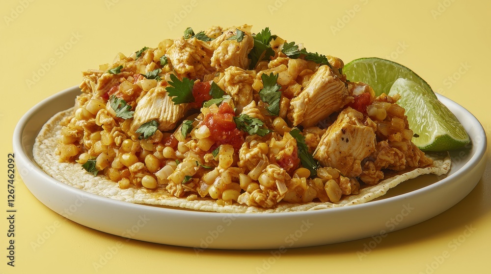 Delicious chicken and corn filling served on a soft tortilla round Delicious chicken and corn filling served on a soft tortilla round