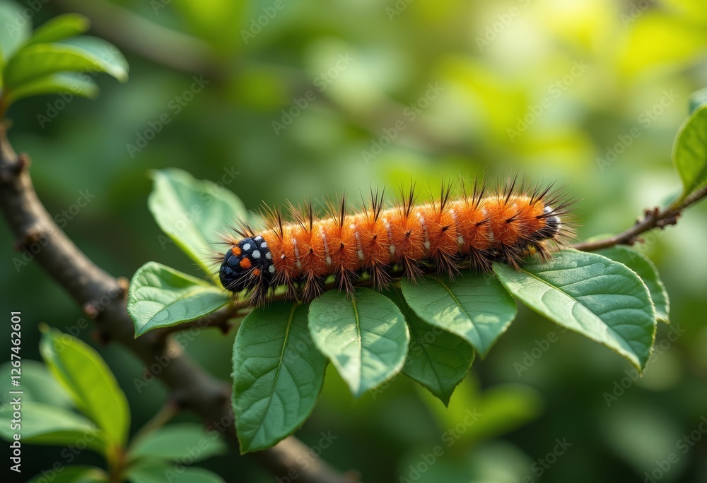 Fototapeta premium Bright Orange Caterpillar with Spines on Green Leaves