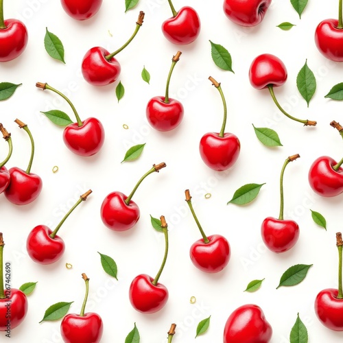 Bright red cherry & green leaf pattern on white